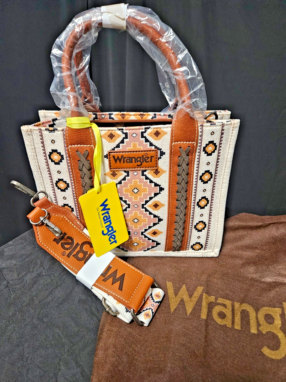 WRANGLER SOUTHWESTERN  CANVAS SMALL CROSSBODY TOTE WHIPSTITCH GUITAR STRAP NWT