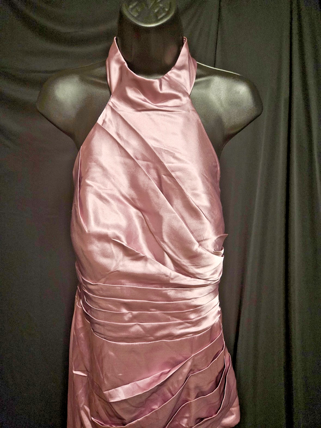 SIZE 14 LAVENDAR/PINK SATIN RUCHED CORSET HALTER FORMAL GOWN LONG TRAIN NWOT