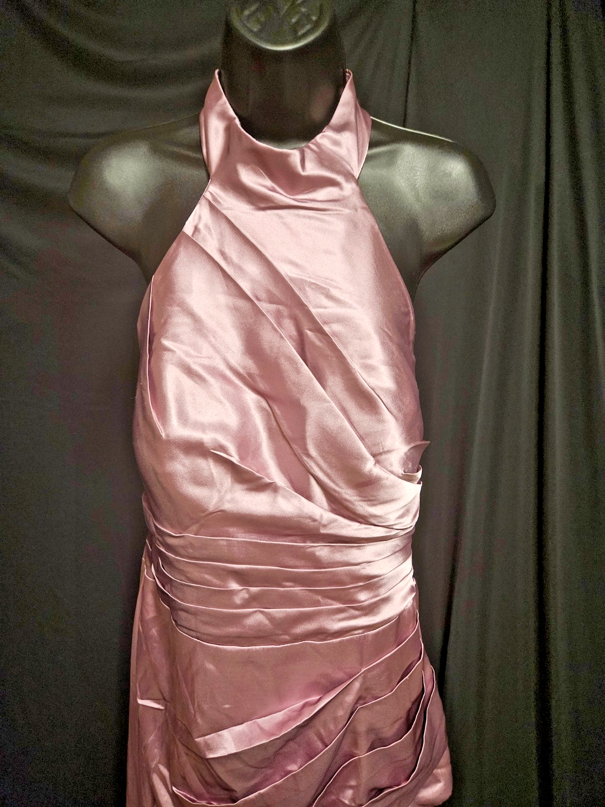 SIZE 14 LAVENDAR/PINK SATIN RUCHED CORSET HALTER FORMAL GOWN LONG TRAIN NWOT