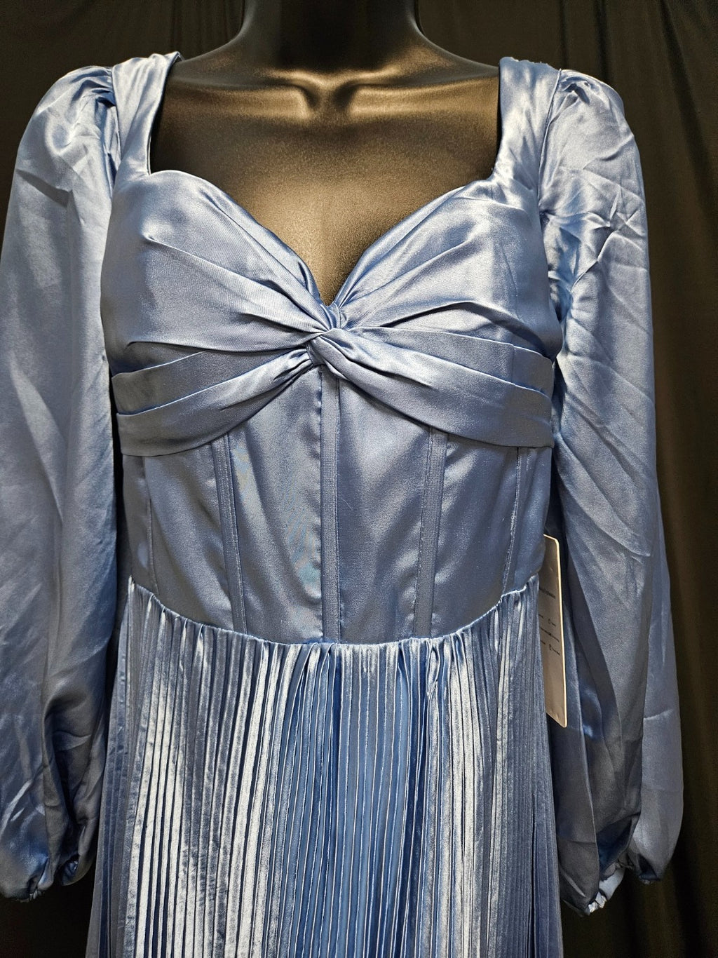 FAERIESTY LONG SLEEVE CORSET/ZIP BACK SIZE SMALL BLUE SATIN PLEATED GOWN NWT