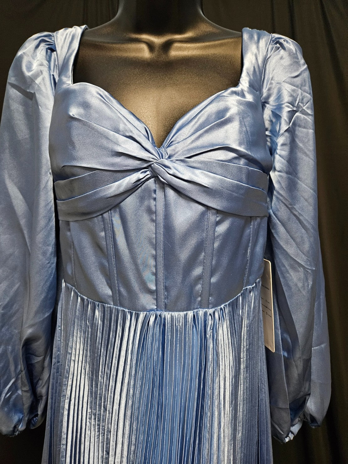 FAERIESTY LONG SLEEVE CORSET/ZIP BACK SIZE SMALL BLUE SATIN PLEATED GOWN NWT