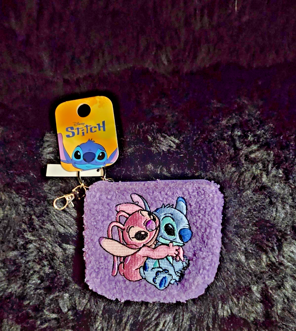 DISNEY STITCH & ANGEL PURPLE FURRY COIN PURSE/KEY CHAIN
