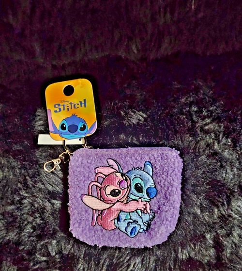 DISNEY STITCH & ANGEL PURPLE FURRY COIN PURSE/KEY CHAIN