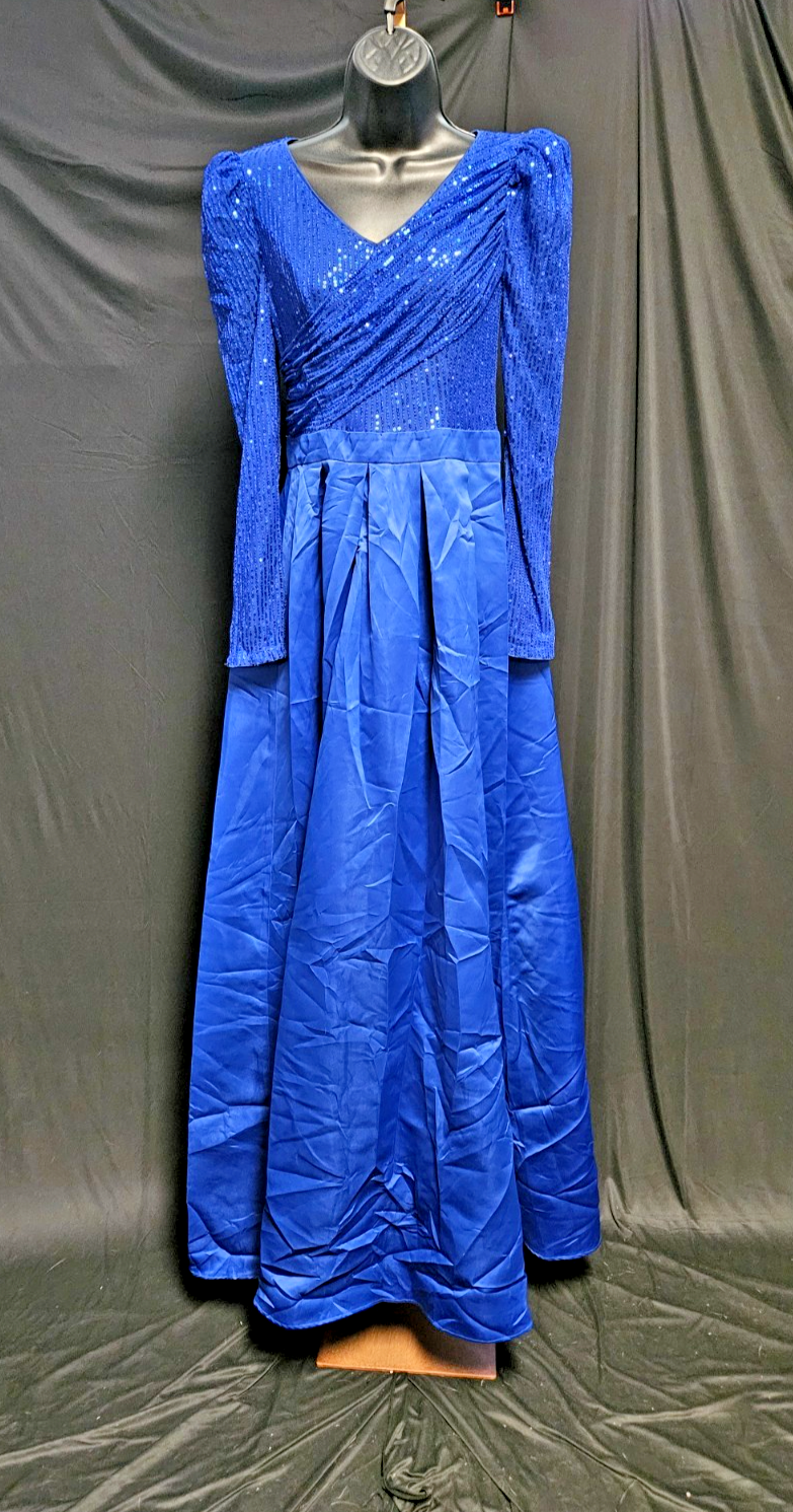 WOMEN'S SZ SM LONG SLEEVE DK BLUE, SEQUINE,ROUCHED,FULLSKIRT EVENING GOWN NWOT