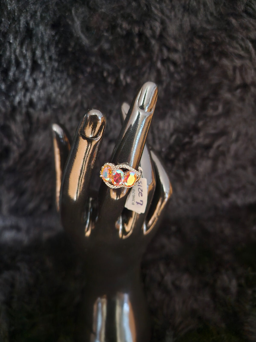 CHAMPAGNE AURORA BOREALIS/WHITE DIAMOND SIMULANT RHODIUM /925 STERLING RING 7