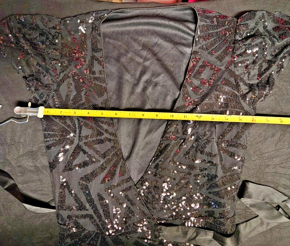 ELVI WOMENS SZ M BLACK SEQUIN WRAP SHORT COCKTAIL /PROM GOWN NWT