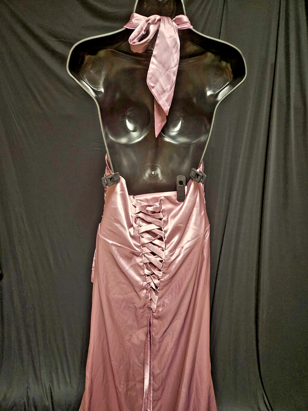 SIZE 14 LAVENDAR/PINK SATIN RUCHED CORSET HALTER FORMAL GOWN LONG TRAIN NWOT