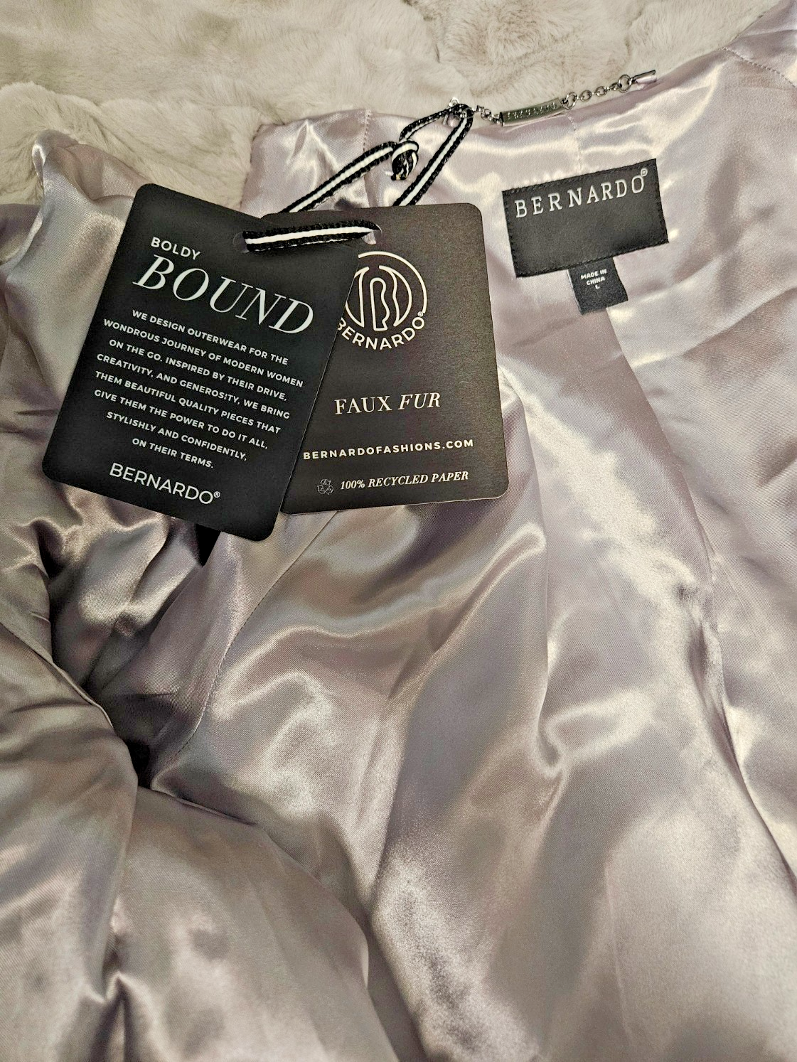 ADORABLE BERNARDO SZ L GRAY FAUX MINK FUR JACKET  WITH SATIN LINING NWT