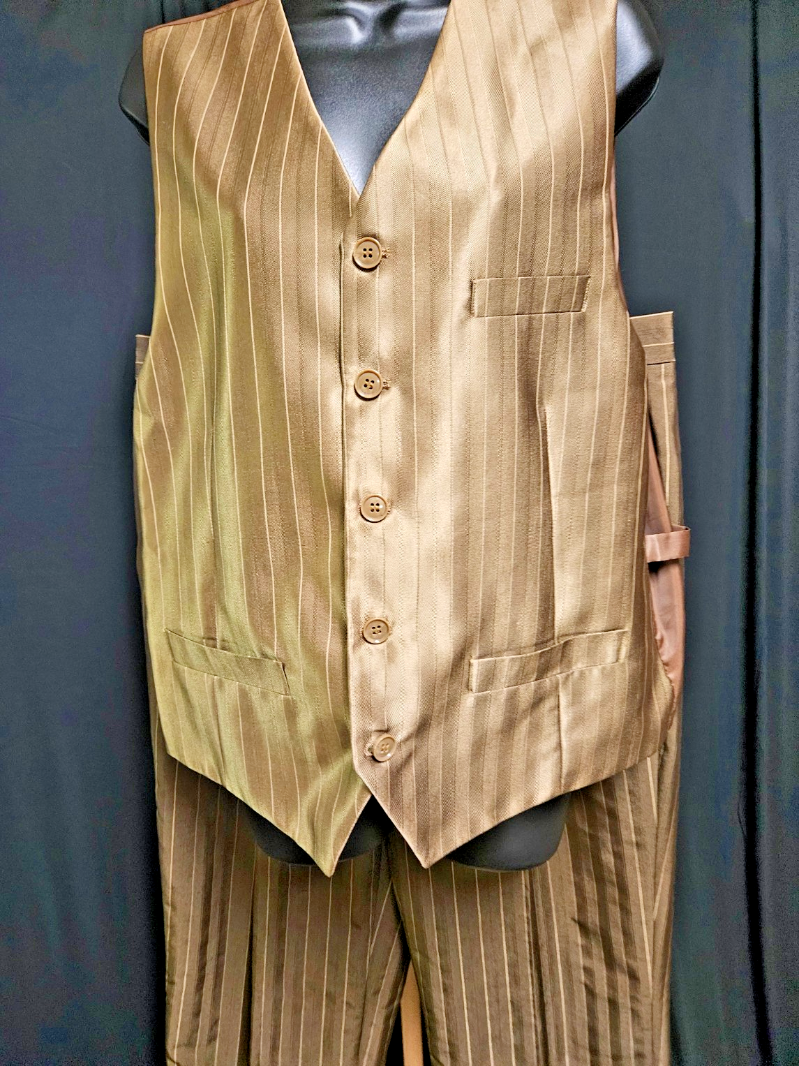 MEN'S FORTINO LANDI 3 PIECE PINSTRIPPED SUIT BEIGE/DK BROWN XL 42/32 USED