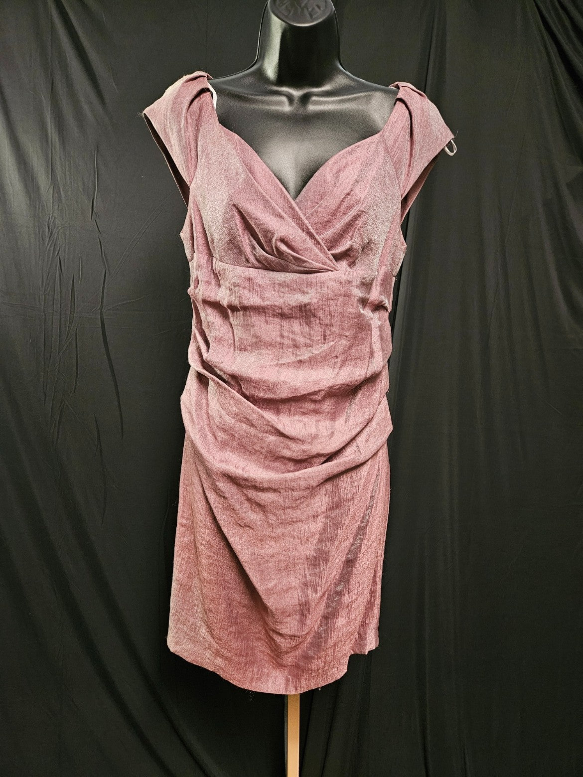 SIZE 10P SUZI CHIN FOR MAGGY BOUTIQUE PURPLE/METALLIC COCKTAIL ROUCHED DRESS