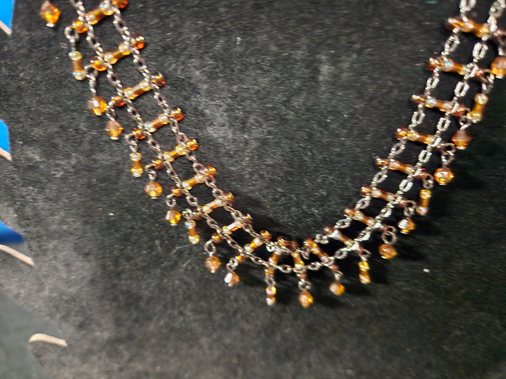 WOMEN'S ADJUSTABLE BEADED CHOKER SIMULATED AMBER/CRYSTAL BEADS STAINLESS STEEL