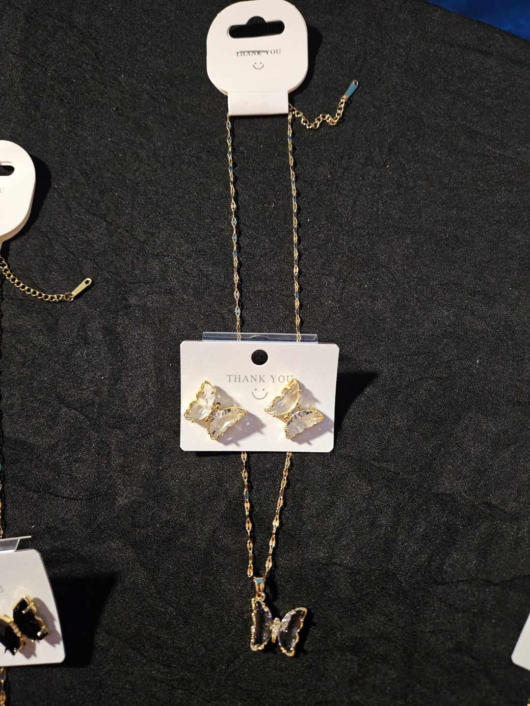 10K YELLOW GOLD PLATE OVER STAINLESS STEEL WHITE BUTTERFLY NECKLACE/ EARRING SET