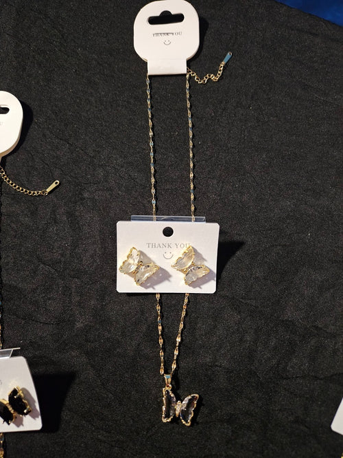 10K YELLOW GOLD PLATE OVER STAINLESS STEEL WHITE BUTTERFLY NECKLACE/ EARRING SET