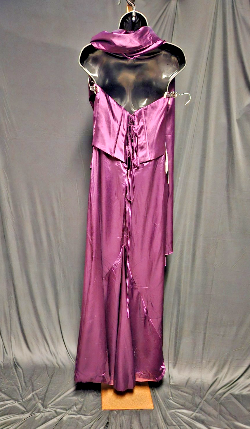 PURPLE/WINE SATIN STRAPLESS PROM/FORMAL GOWN W/SCARF SIZE 8/10 BONING NWT