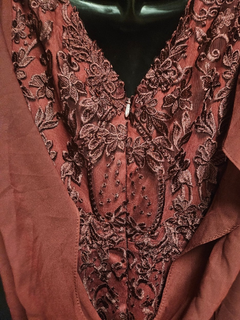 EXQUISITE SIZE 14 WINE LACE ZIPPER BACK COWL BACK FORMAL GOWN NWT PROM/WEDDING