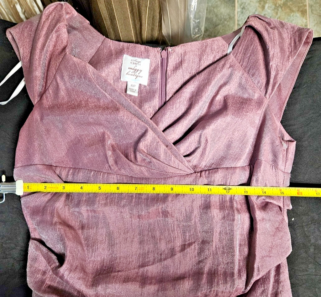 SIZE 10P SUZI CHIN FOR MAGGY BOUTIQUE PURPLE/METALLIC COCKTAIL ROUCHED DRESS