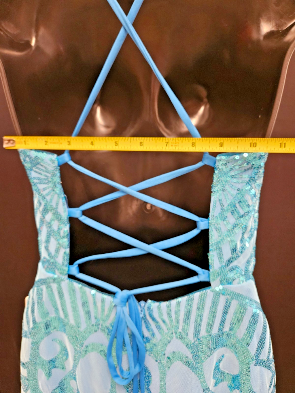 FAERIESTY SIZE SMALL BLUE SEQUINED FORMAL STRAPPY CORSET/ZIP MINI DRESS NWT