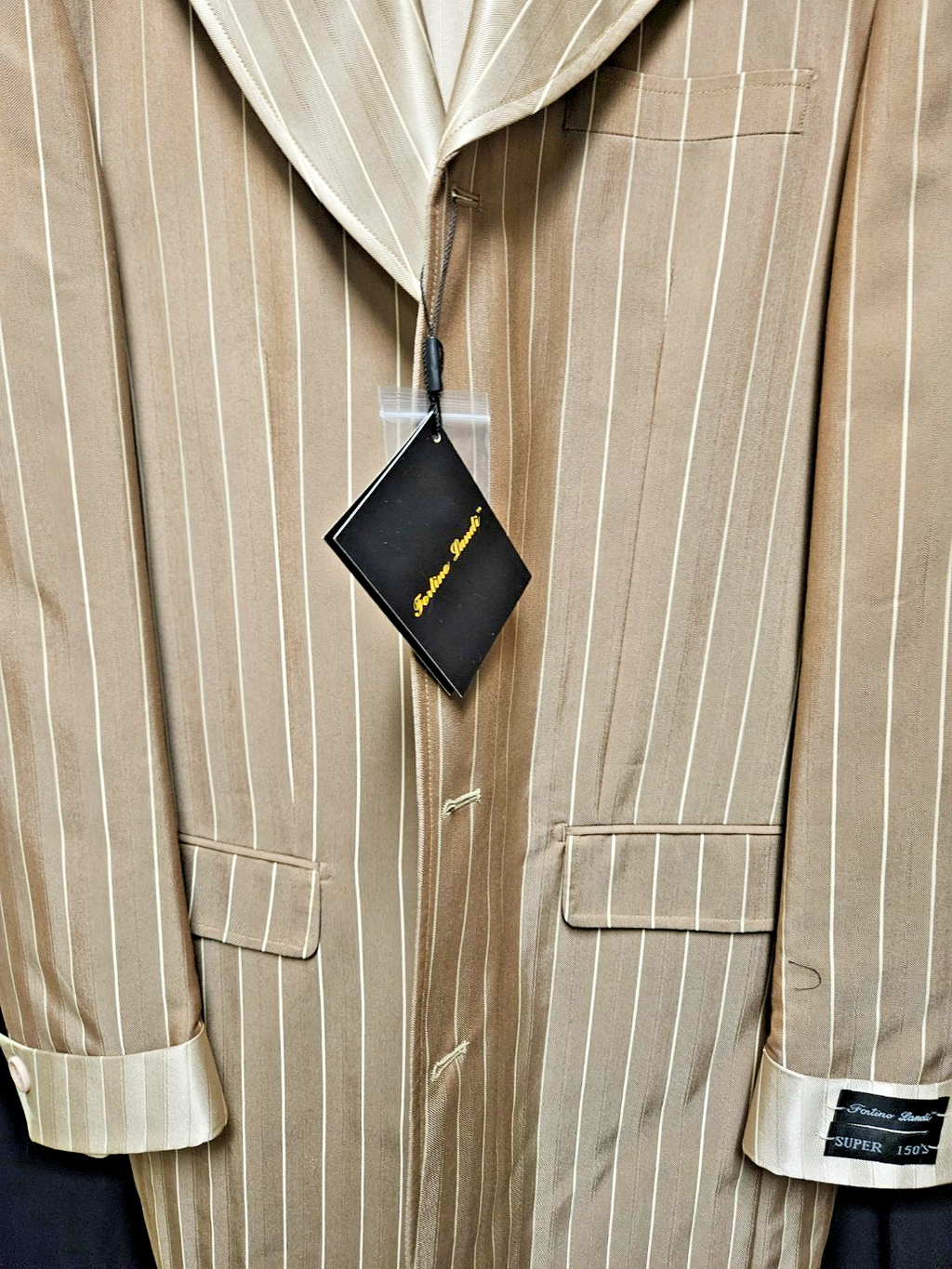 MEN'S FORTINO LANDI 3 PIECE PINSTRIPPED SUIT BEIGE/BROWN SIZE L 40/34 W 36L NWT