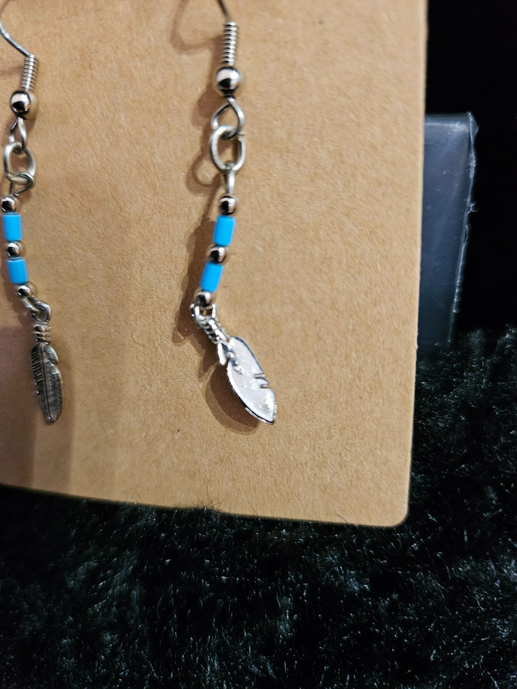SMALL TURQUOISE BEAD/ STAINLESS STEEL FEATHER EARRINGS NWOT