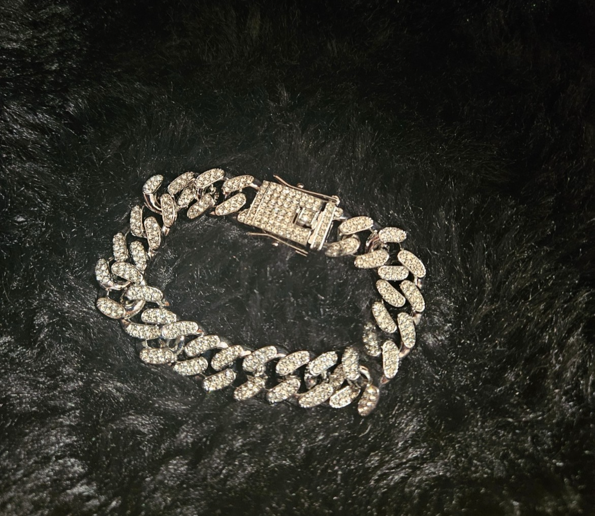 CUBAN LINK CUBIC ZIRCONIA ENCRUSTED STERLING/STAINLESS 7.36 inch BRACELET