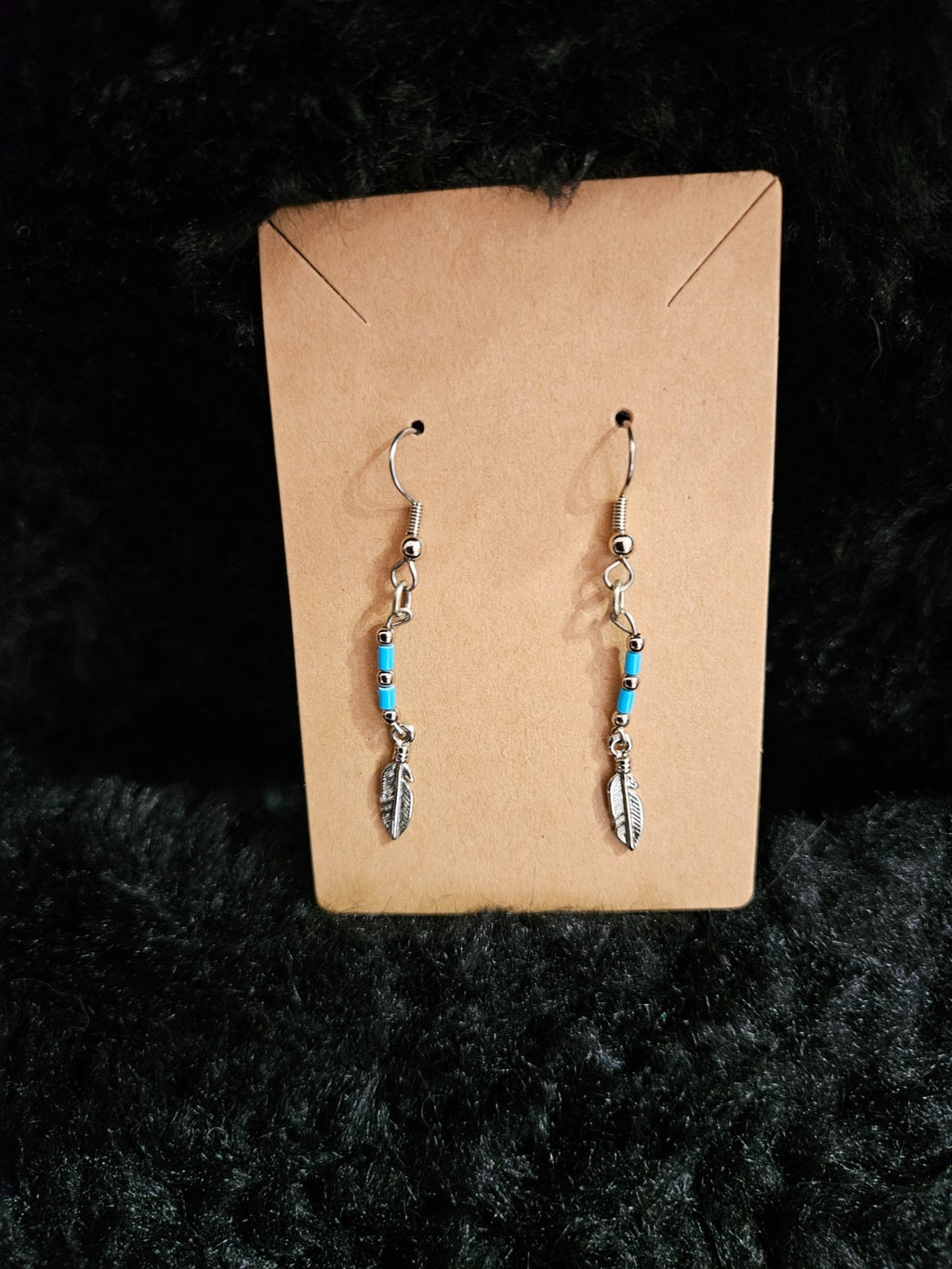 SMALL TURQUOISE BEAD/ STAINLESS STEEL FEATHER EARRINGS NWOT