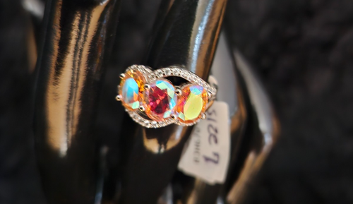 CHAMPAGNE AURORA BOREALIS/WHITE DIAMOND SIMULANT RHODIUM /925 STERLING RING 7