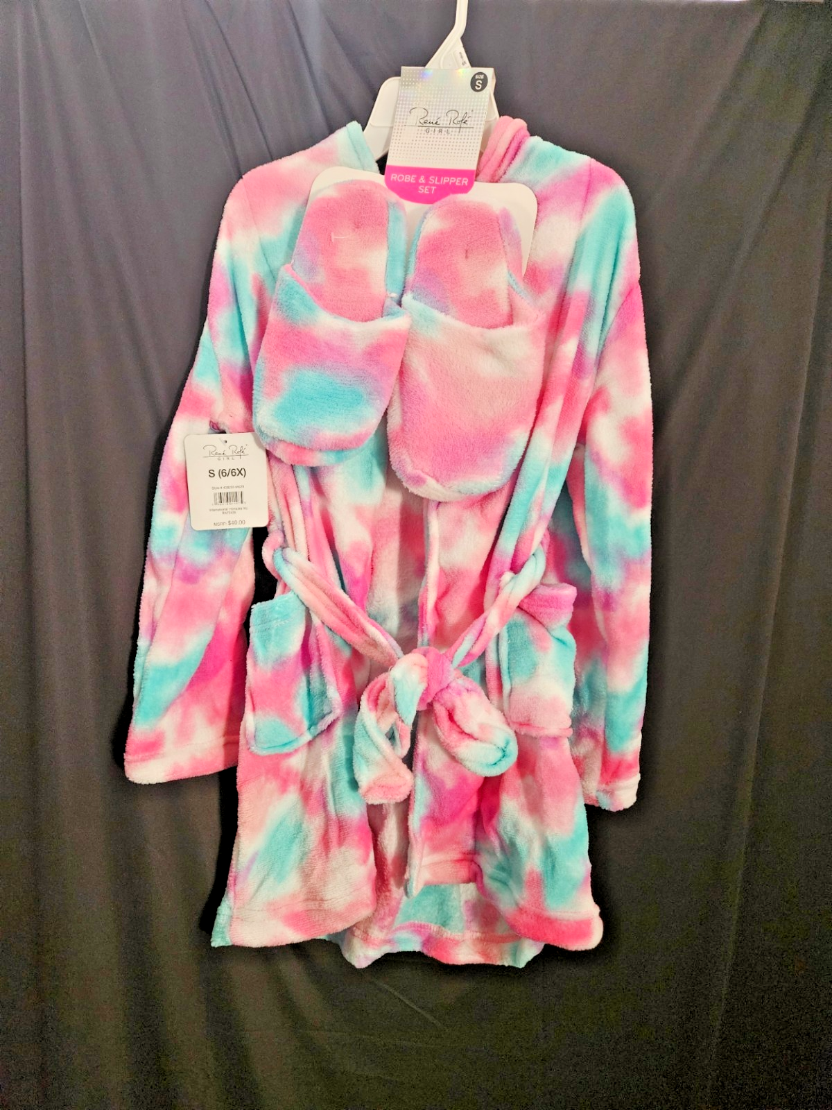 Rene Rofe GIRL Sz 6/6X Fuzzy Robe & Slipper Set Cotton Candy Colored