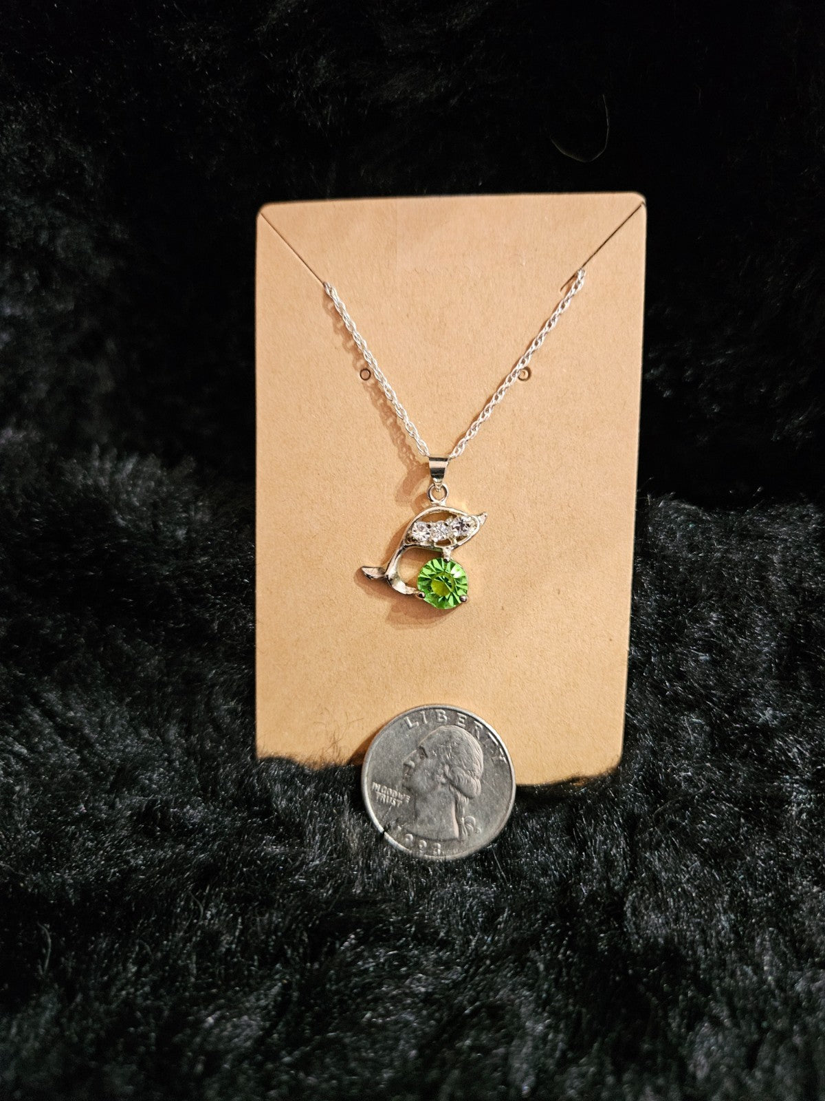 STERLING SILVER PERIDOT & CUBIC ZIRCONIA DOLPHIN BIRTHSTONE NECKLACE NWOT