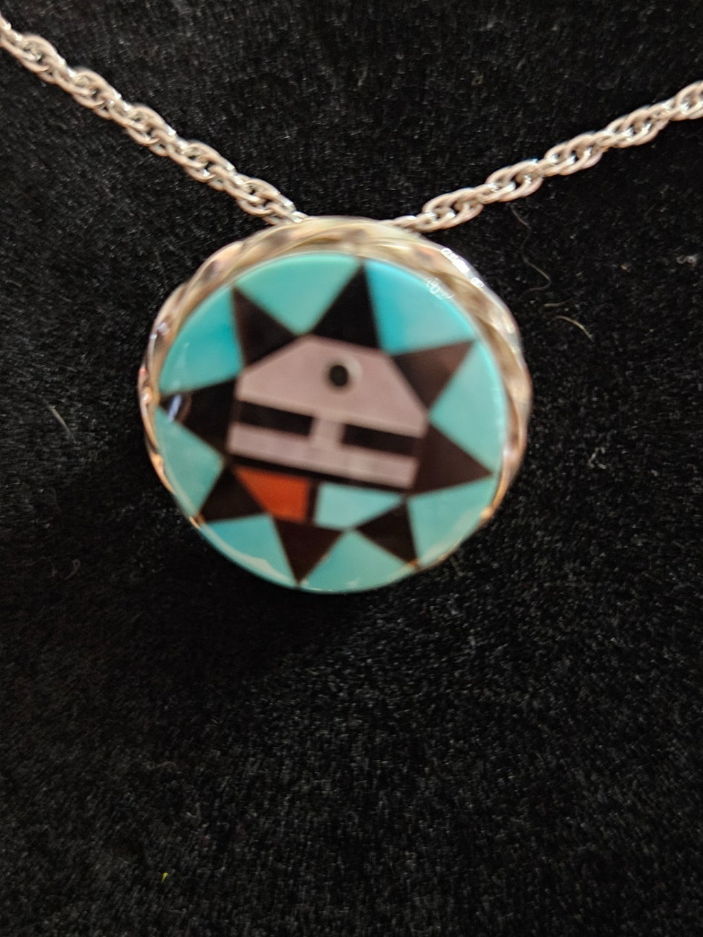 NATIVE AMERICAN ZUNI MADE STERLING PIN/PENDANT & CHAIN SIGNED BY ARTIST