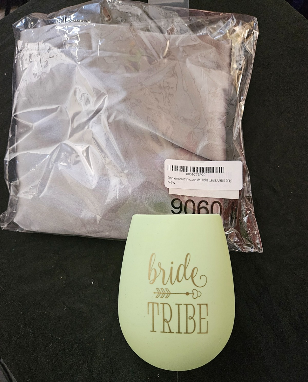 TURQUAZ LG GRAY SATIN/ RHINESTONE MOTHER OF THE GROOM ROBE & BRIDE TRIBE CUP NWT
