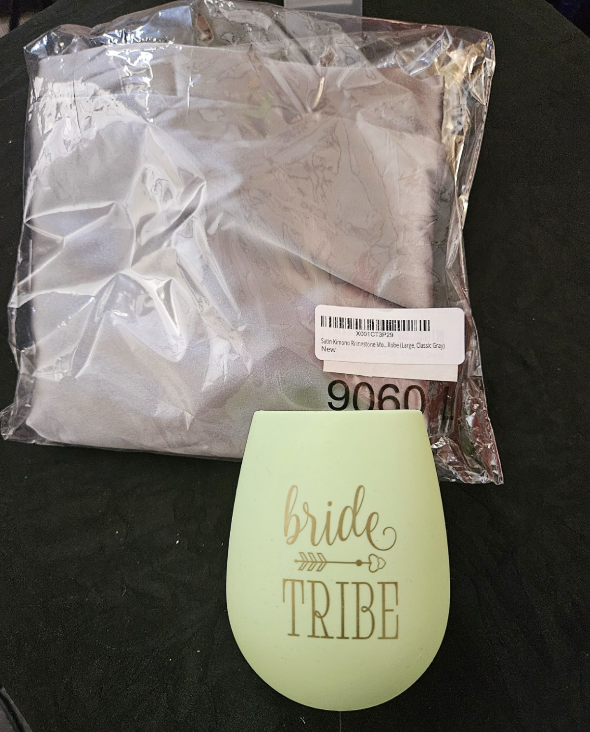 TURQUAZ LG GRAY SATIN/ RHINESTONE MOTHER OF THE GROOM ROBE & BRIDE TRIBE CUP NWT