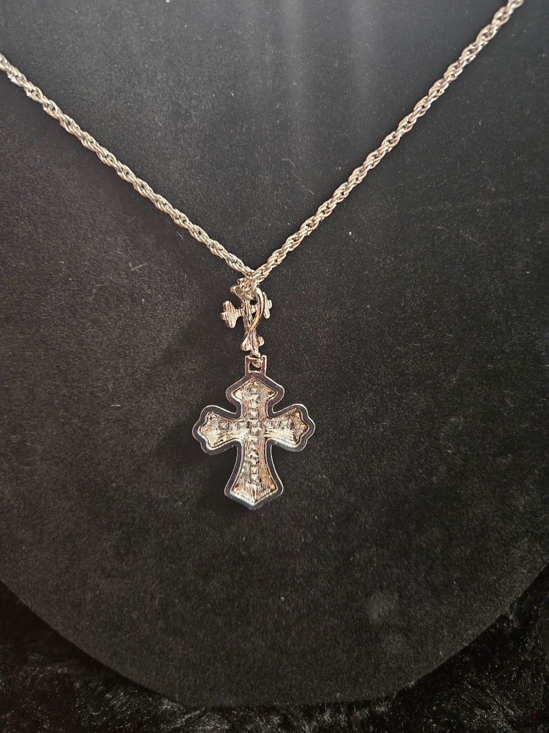 STERLING SILVER  PLATED STAINLESS STEEL CZ CROSS NECKLACE 24 in CHAIN