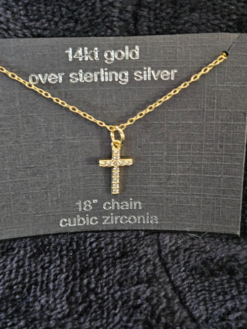 14K YELLOW GOLD OVER SILVER CUBIC ZIRCONIA CROSS PENDANT & 18in. NECKLACE