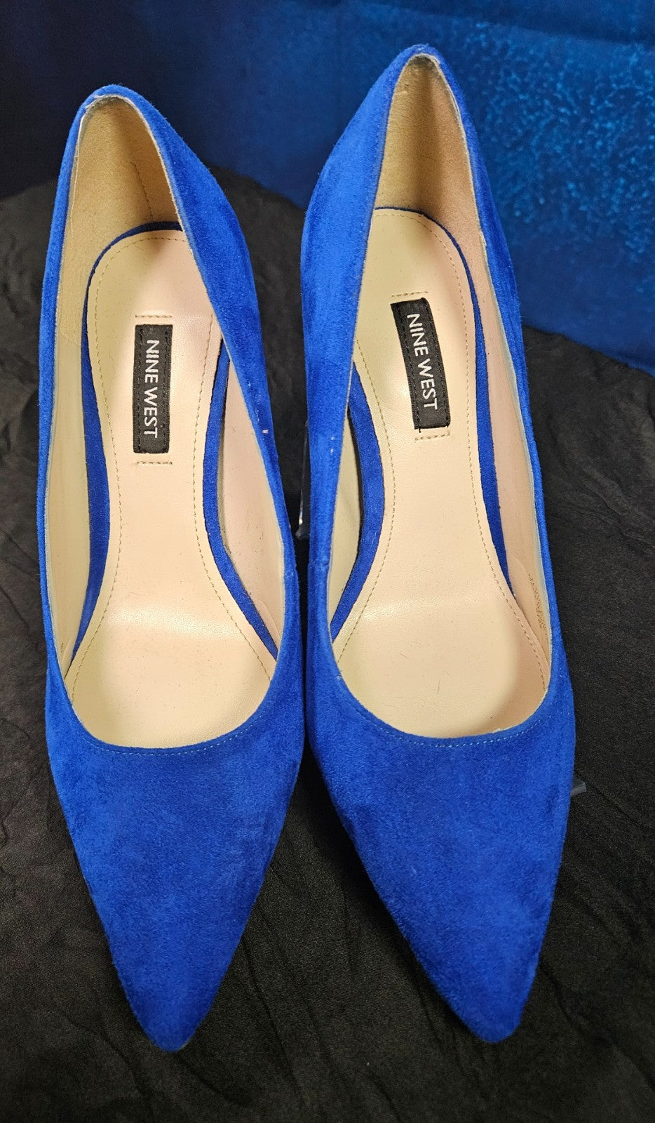 WOMEN'S SIZE 6.5 BLUE SUEDE POINTED TOE BLOCK HEEL NINE WEST BRAND