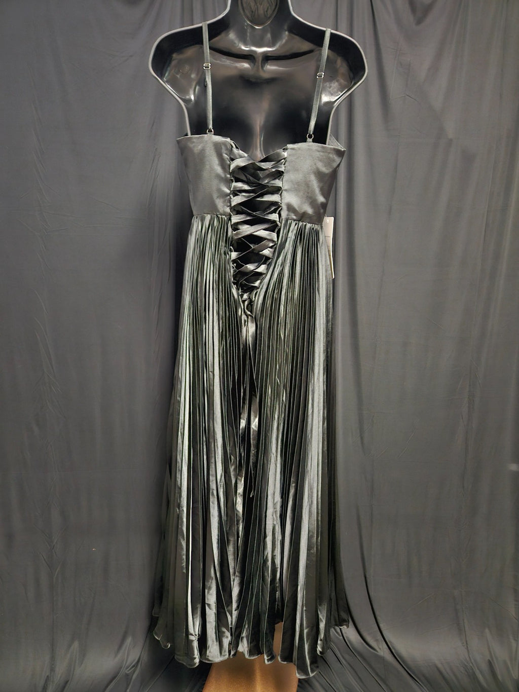 FAERIESTY FORMAL BLACK SATIN PLEATED CORSET GOWN SIZE SMALL