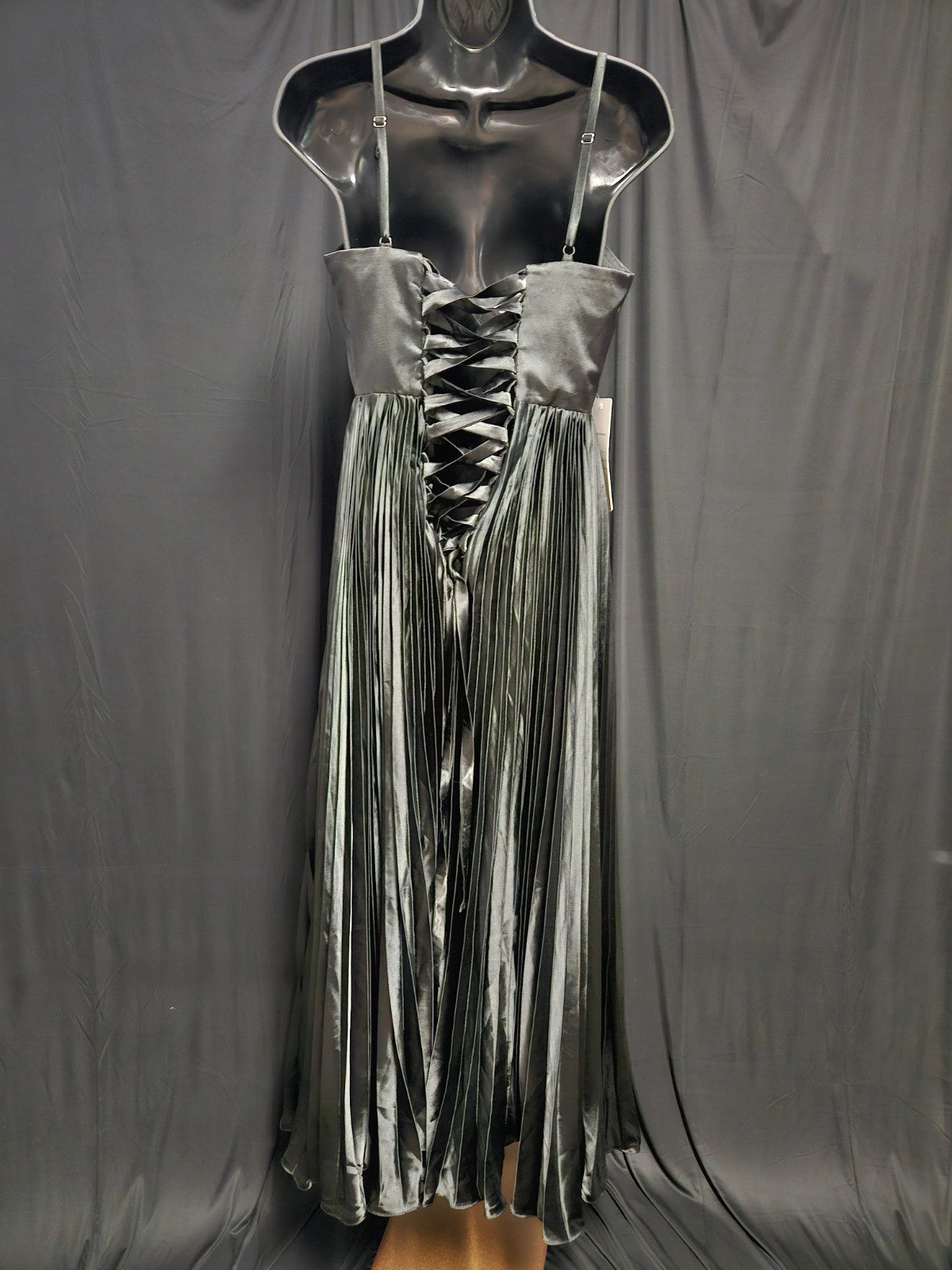 FAERIESTY FORMAL BLACK SATIN PLEATED CORSET GOWN SIZE SMALL