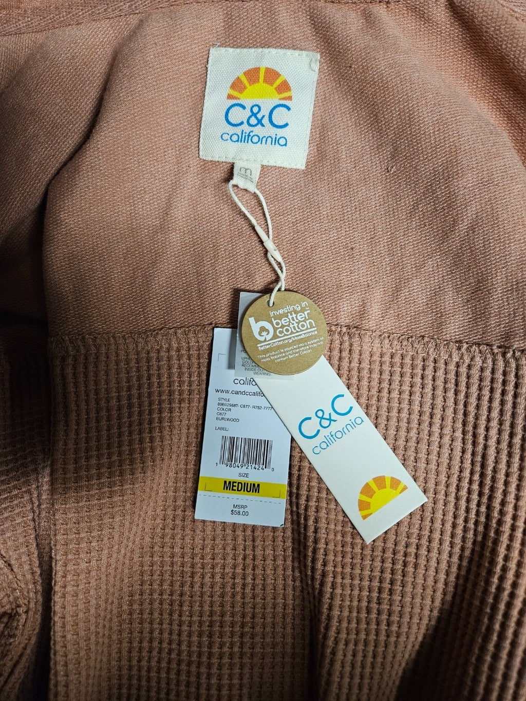 C&C California women's Medium Waffle Weave Hooded Zip Up Sweatshirt NWT salmon