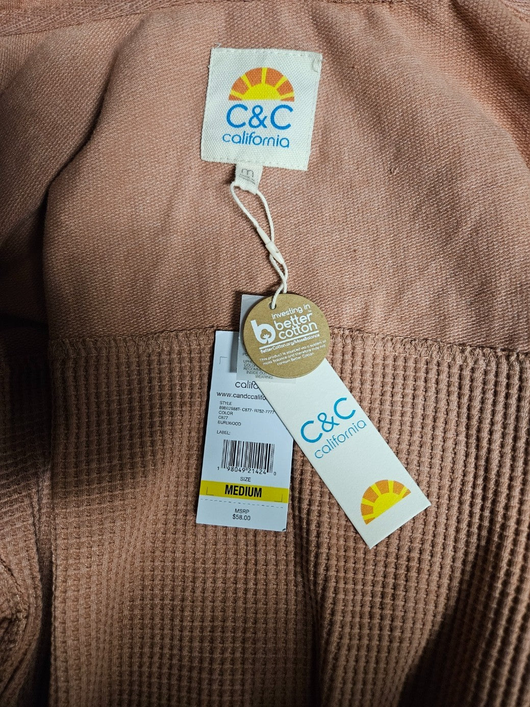 C&C California women's Medium Waffle Weave Hooded Zip Up Sweatshirt NWT salmon