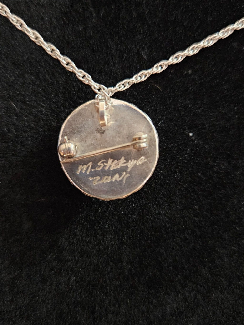 NATIVE AMERICAN ZUNI MADE STERLING PIN/PENDANT & CHAIN SIGNED BY ARTIST