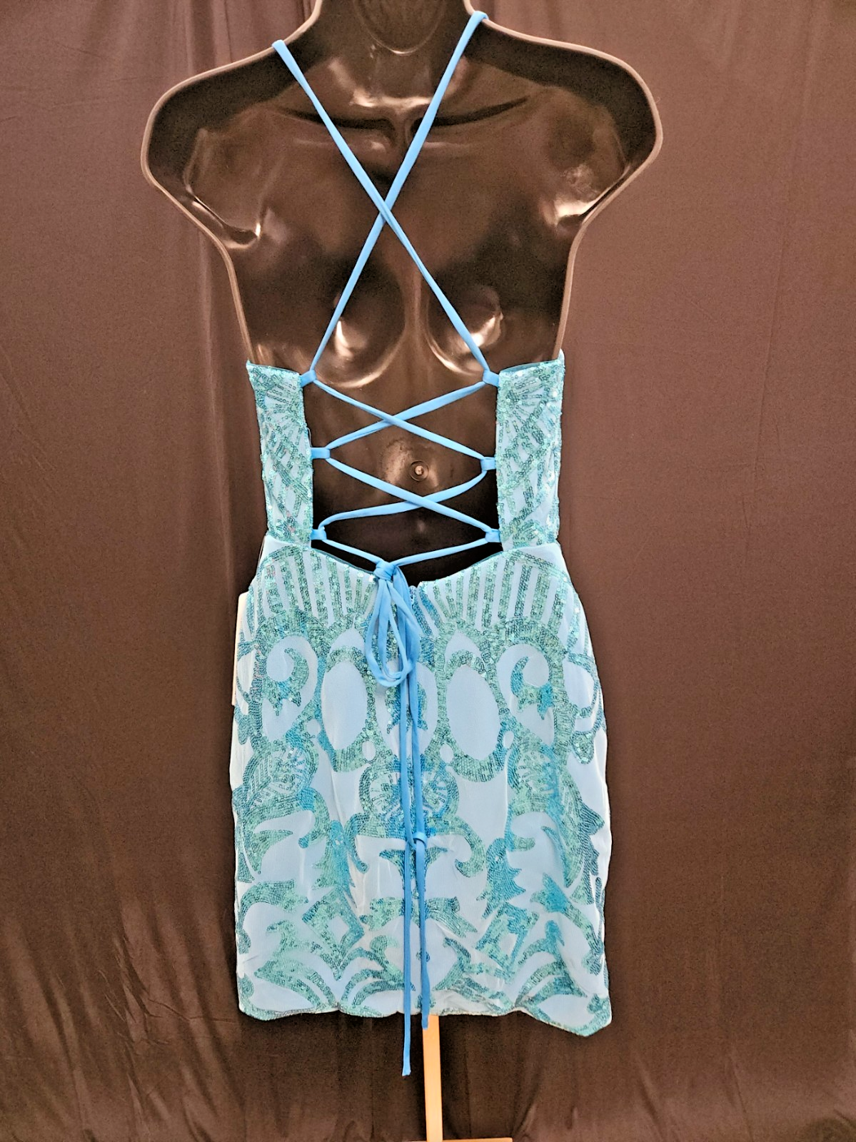FAERIESTY SIZE SMALL BLUE SEQUINED FORMAL STRAPPY CORSET/ZIP MINI DRESS NWT