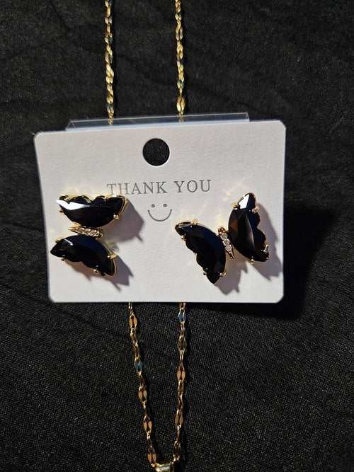 10KGOLD PLATE OVER STAINLESS STEEL BLACK BUTTERFLY NECKLACE/BRACELET SET