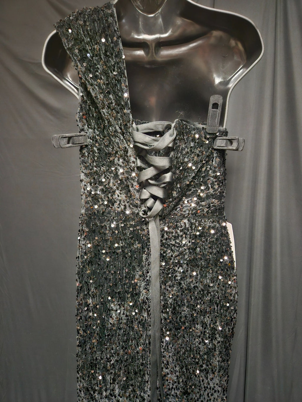 BLACK VELVET SEQUINED ONE SHOULDER CORSET BACK LONG FORMAL GOWN NWT SZ M