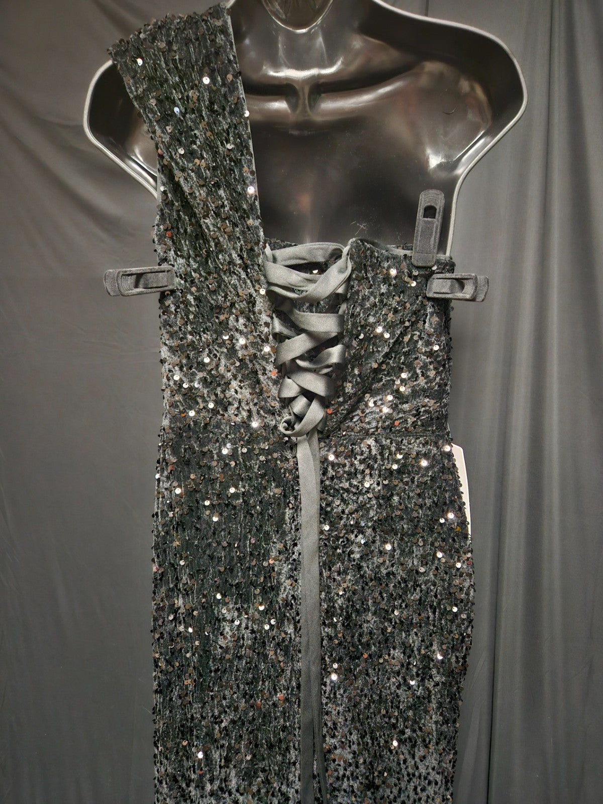 BLACK VELVET SEQUINED ONE SHOULDER CORSET BACK LONG FORMAL GOWN NWT SZ M