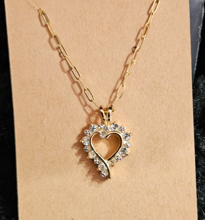 10K GOLD FILL / STERLING SILVER CUBIC ZIRCONIA HEART PENDANT & PAPERCLIP CHAIN