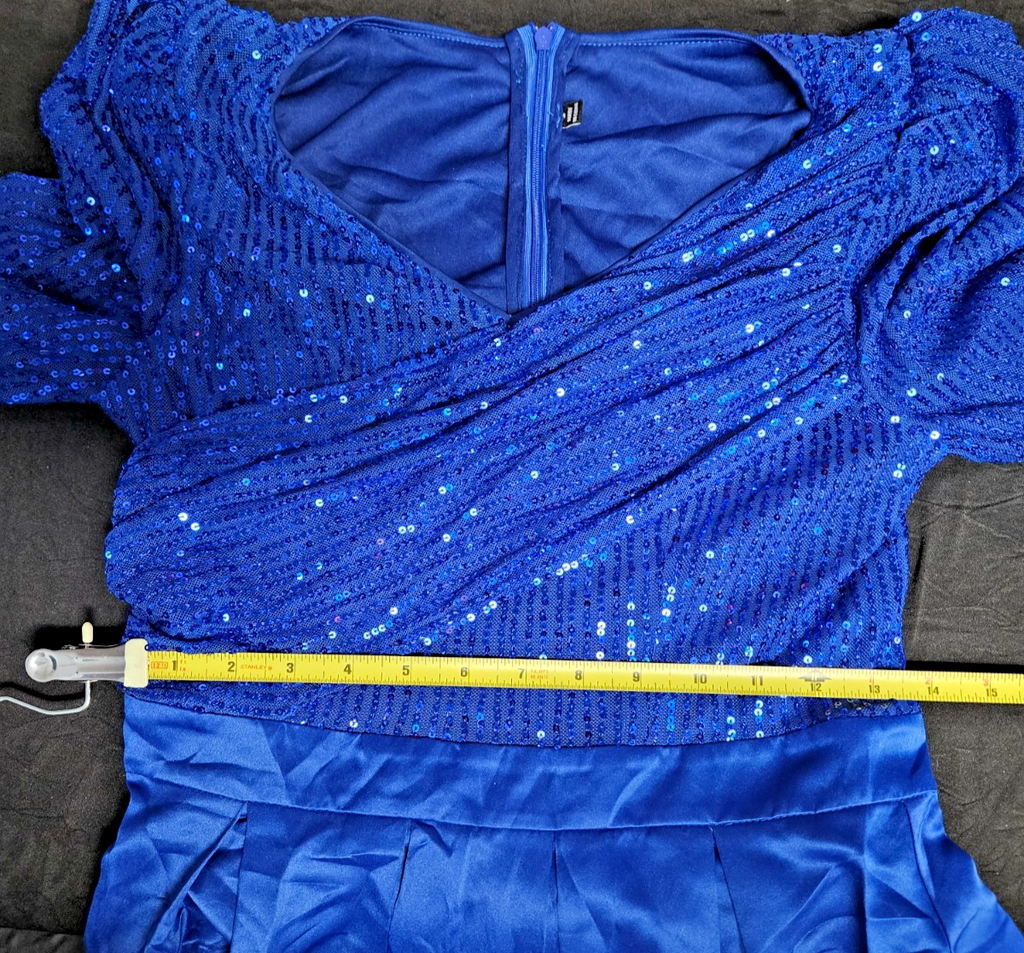 WOMEN'S SZ SM LONG SLEEVE DK BLUE, SEQUINE,ROUCHED,FULLSKIRT EVENING GOWN NWOT
