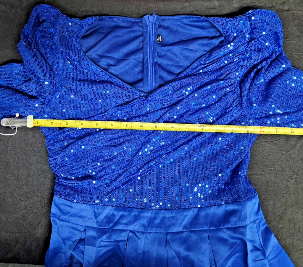 WOMEN'S SZ SM LONG SLEEVE DK BLUE, SEQUINE,ROUCHED,FULLSKIRT EVENING GOWN NWOT