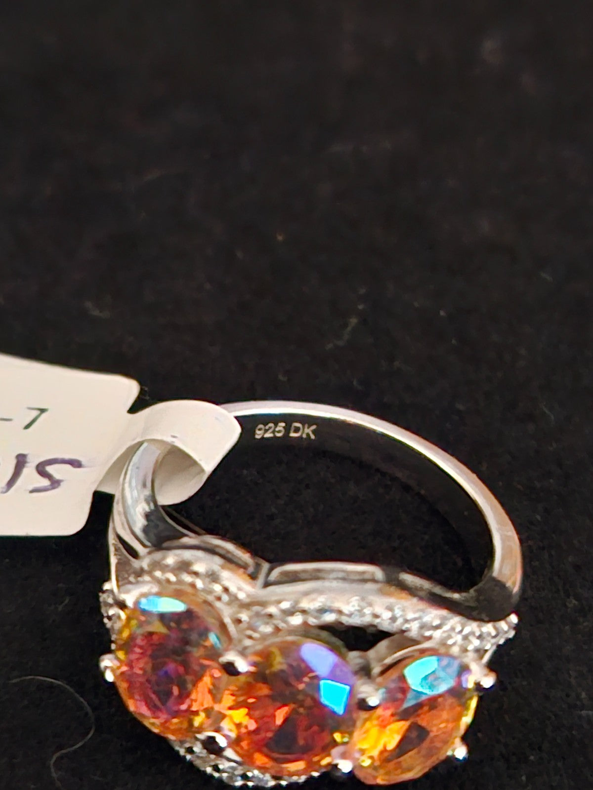 CHAMPAGNE AURORA BOREALIS/WHITE DIAMOND SIMULANT RHODIUM /925 STERLING RING 7