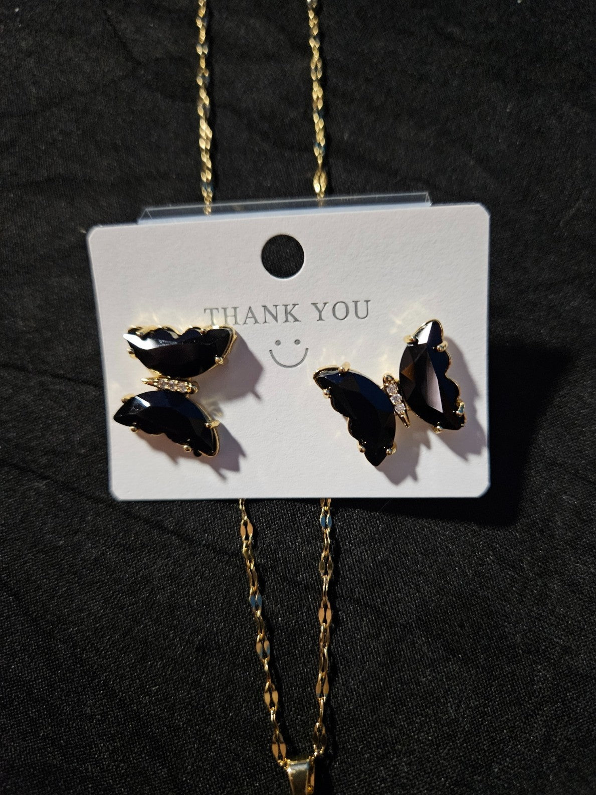 10KGOLD PLATE OVER STAINLESS STEEL BLACK BUTTERFLY NECKLACE/BRACELET SET