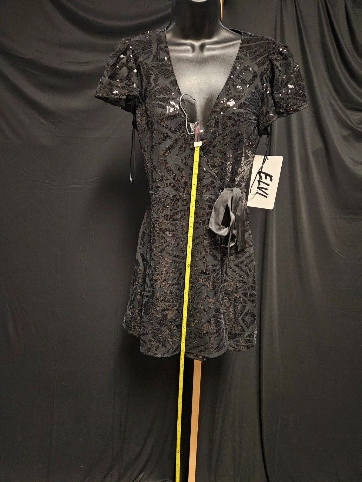 ELVI WOMENS SZ M BLACK SEQUIN WRAP SHORT COCKTAIL /PROM GOWN NWT