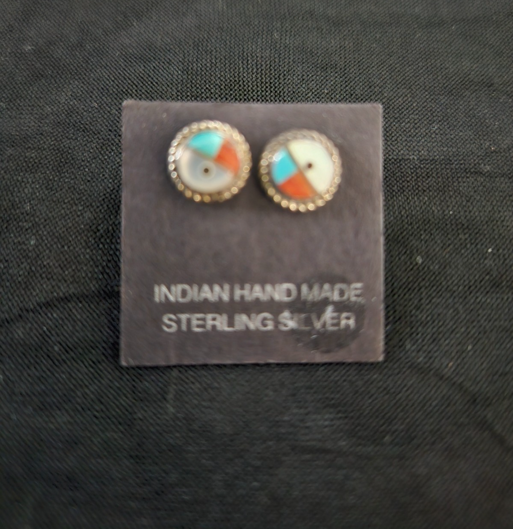 NATIVE AMERICAN ZUNI MADE INLAID ROUND EARRINGS STERLING SILVER NWOT